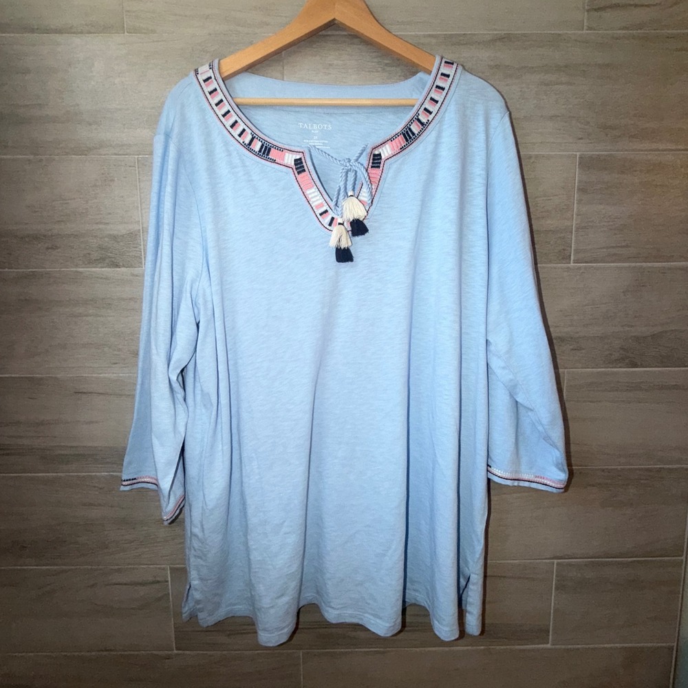 Talbots Embroidered Split Neck Tunic Top Size 2X Tassel Tie 3/4 Sleeve Blue